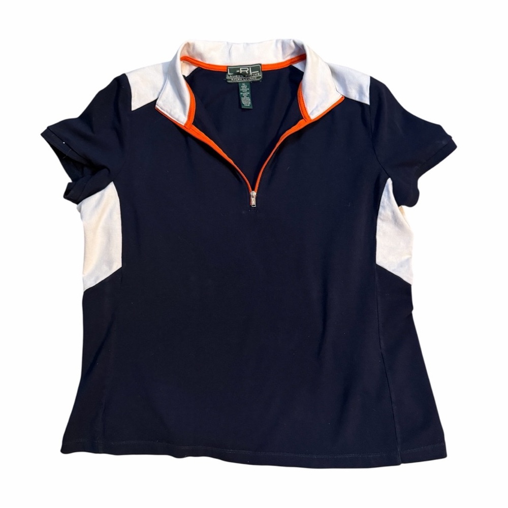 Lauren Ralph Lauren Women's Colorblock Polo Shirt Navy/White/Orange 1/4 Zip XL